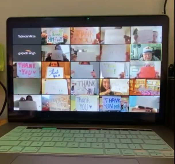 A laptop screen displaying a collage of individual thank-you cards that students wrote for a professor at the School of Health Sciences. 