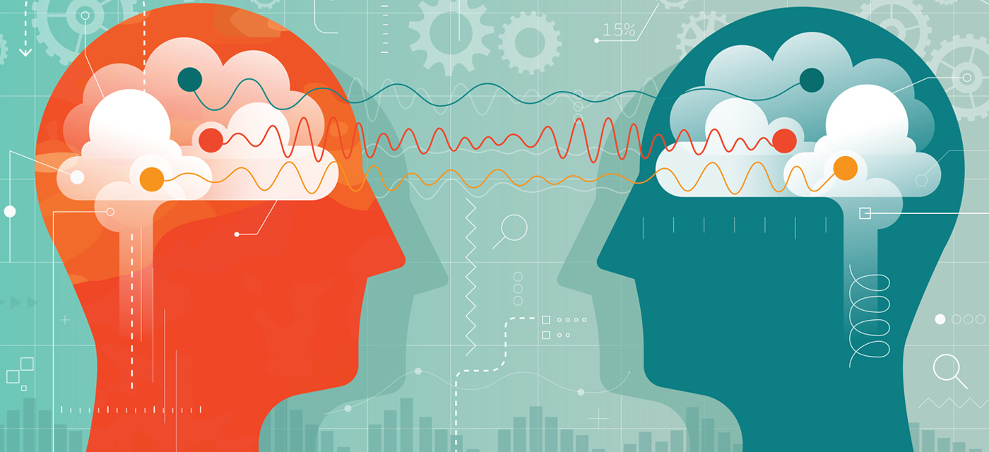 Vector illustration showing two heads with brain and connected with brain waves surrounded with gears and lot of different measuring elements .