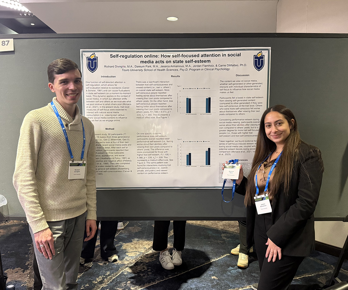 two presenters in front of poster for self-regulation presentation