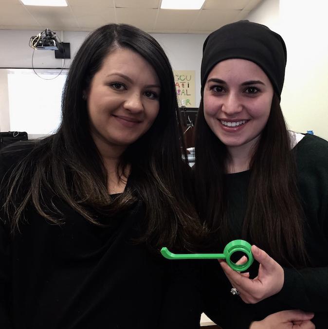 Occupational therapy student Mazal Goldzweig (right) and her partner, Elina Babayeva, developed an assisted bottle opener to help individuals suffering from Rheumatoid arthritis. 