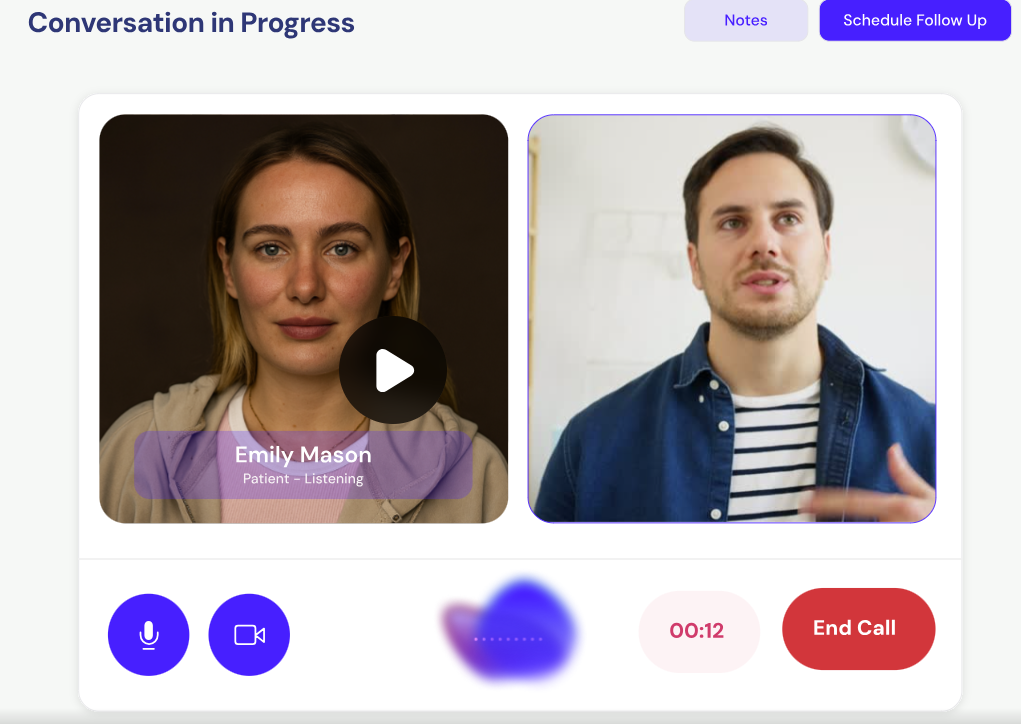 A digital screen of an AI avatar interacting with a Touro student (right).
