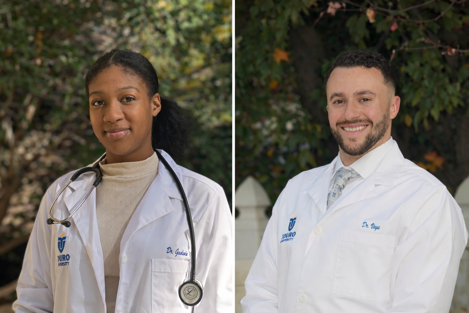 Touro School of Health Sciences students Aliyah Goodwin and Jason Vega pose outdoors in their White Coats.