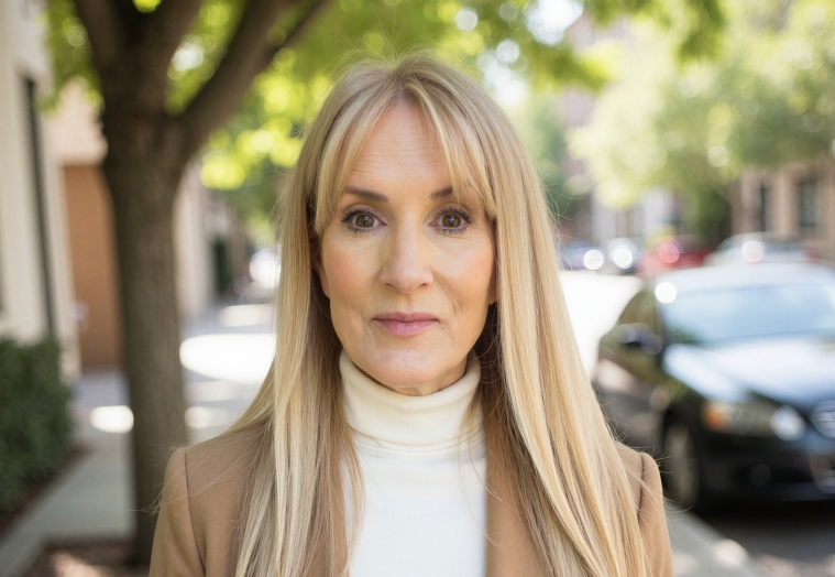 Woman with long blonde hair and white turtleneck and brown jacket standing on city street with tree.