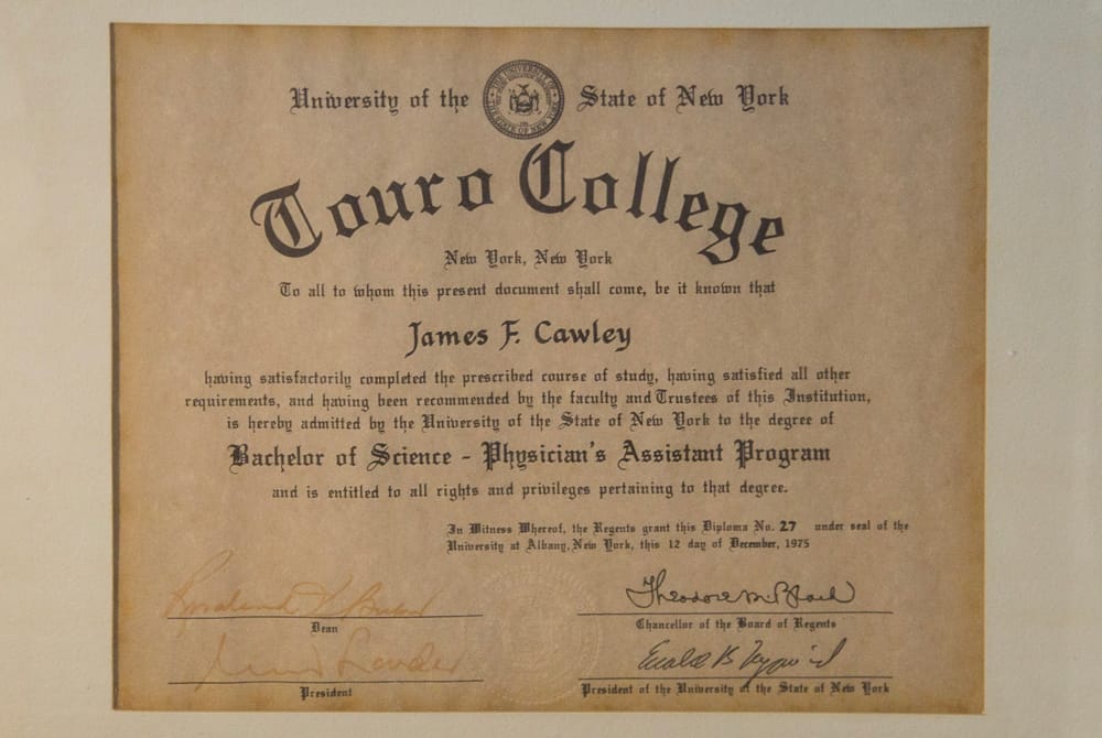 Jim Cawley Touro graduation diploma